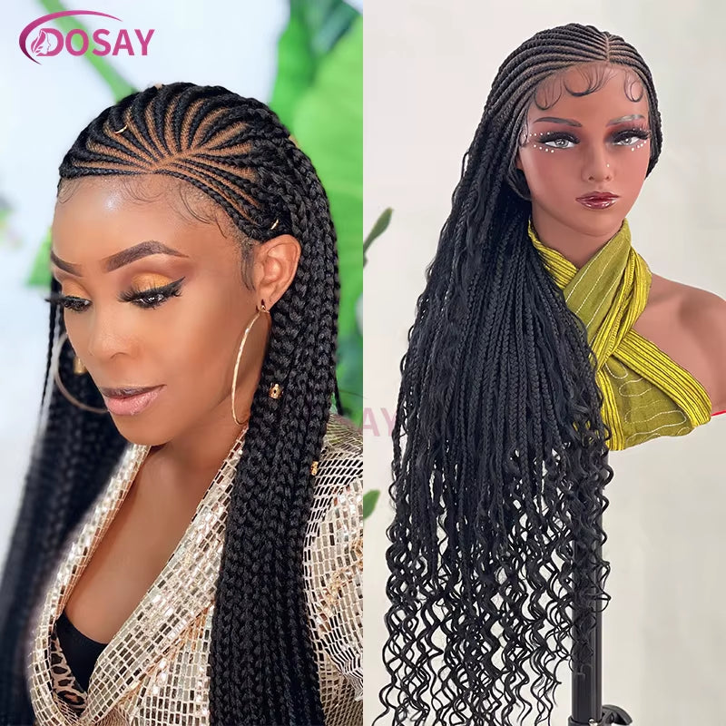 36" Wear Go Glueless Boho Braided Wigs Synthetic Full Lace Hair Curly End Wig Afric Cornrow Braiding Lace Wigs for Black Woman