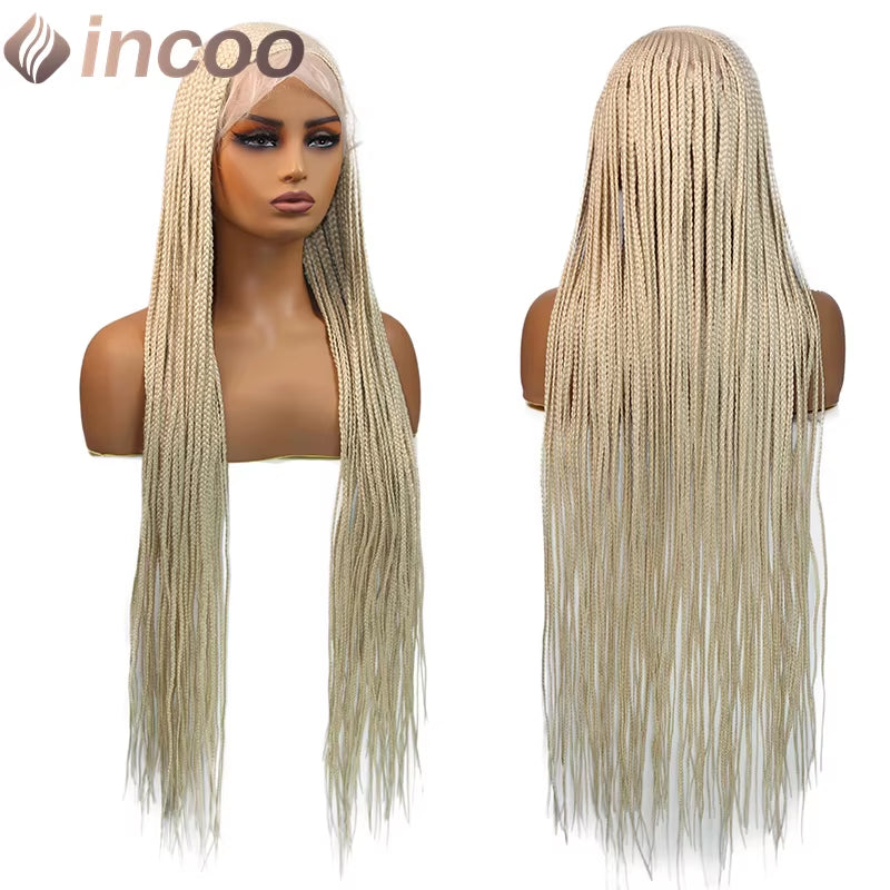 36" Cornrow Braided Wigs Synthetic Full Lace Front Wigs 27# Blonde for Black Women Long Side Part Faux Locs Box Braids Lace Wig