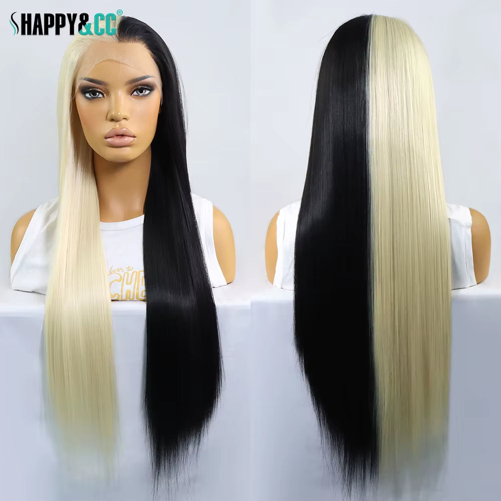 28 Inch Half Black Half Blonde Lace Front Wigs for Women Silk Straight Colored Cosplay 613 Synthetic Transparent Lace Wig