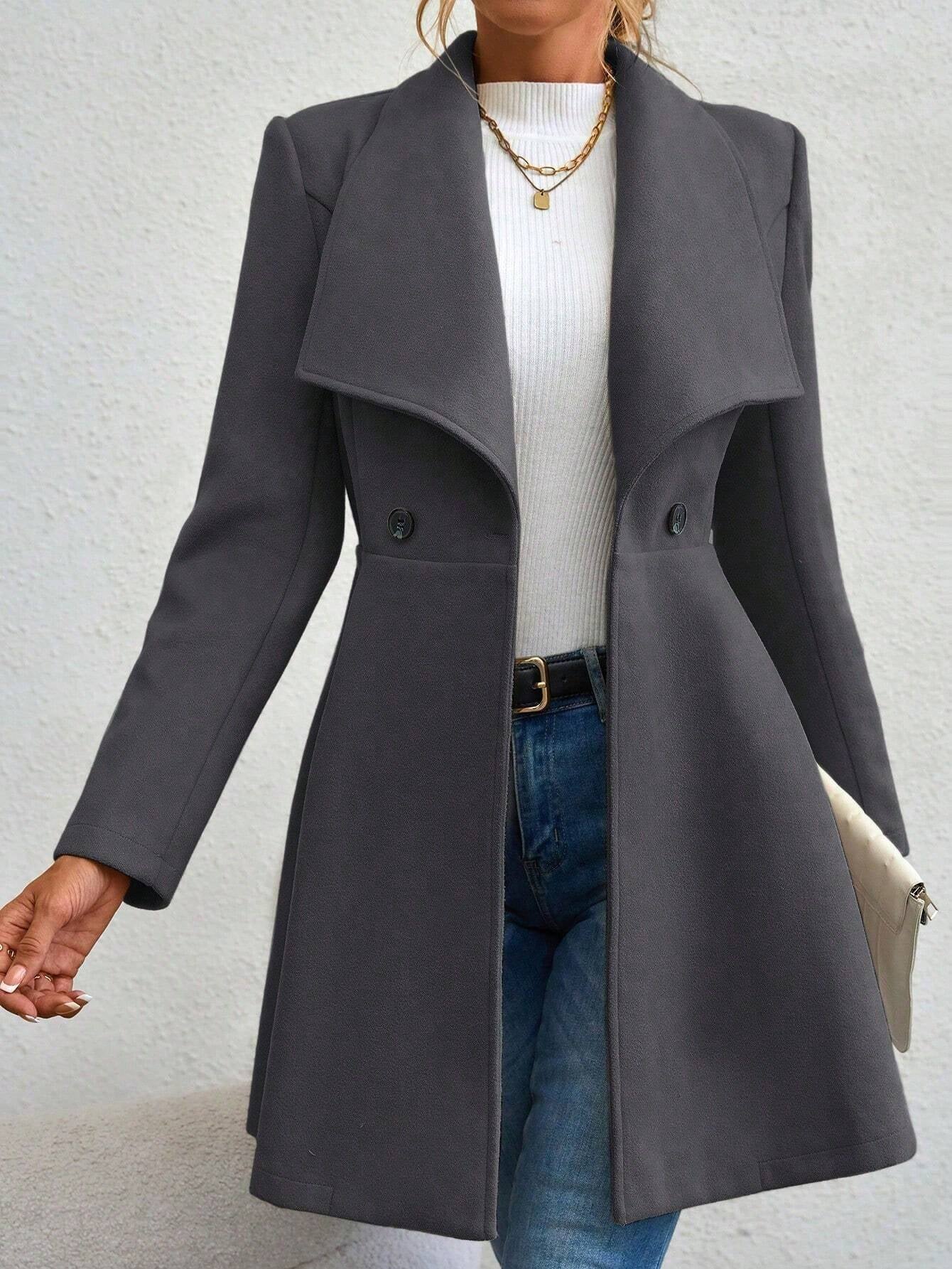 Manteau Long à Col Cascading et Double Boutonnage Raffiné