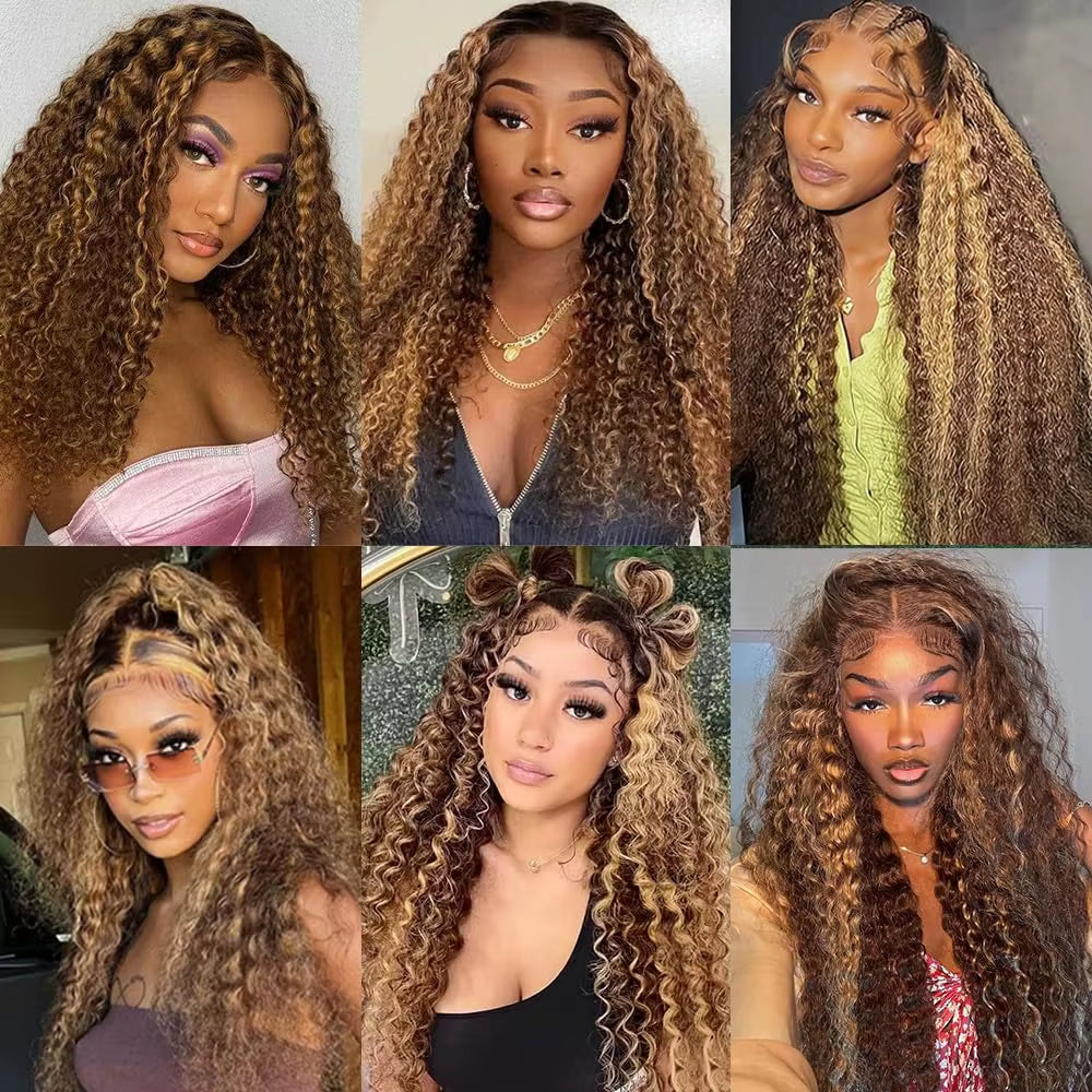 Highlight Honey Blonde Kinky Curly Wave Lace Front Wig Pre-Plucked 180% 13X6 Deep Wave Lace Frontal Wigs Wigs Human Hair Wigs