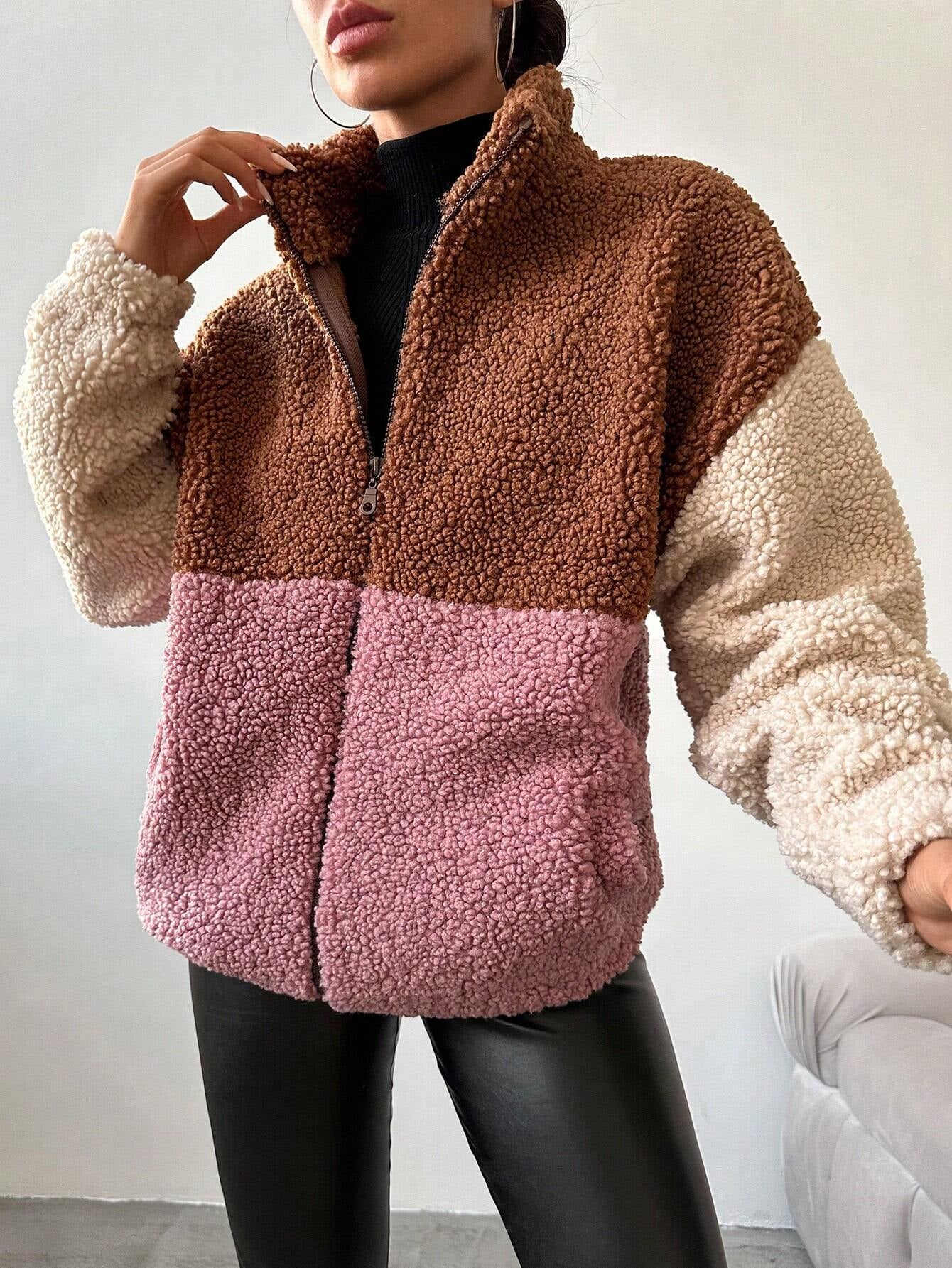 Manteau Teddy Coloré à Épaules Tombantes