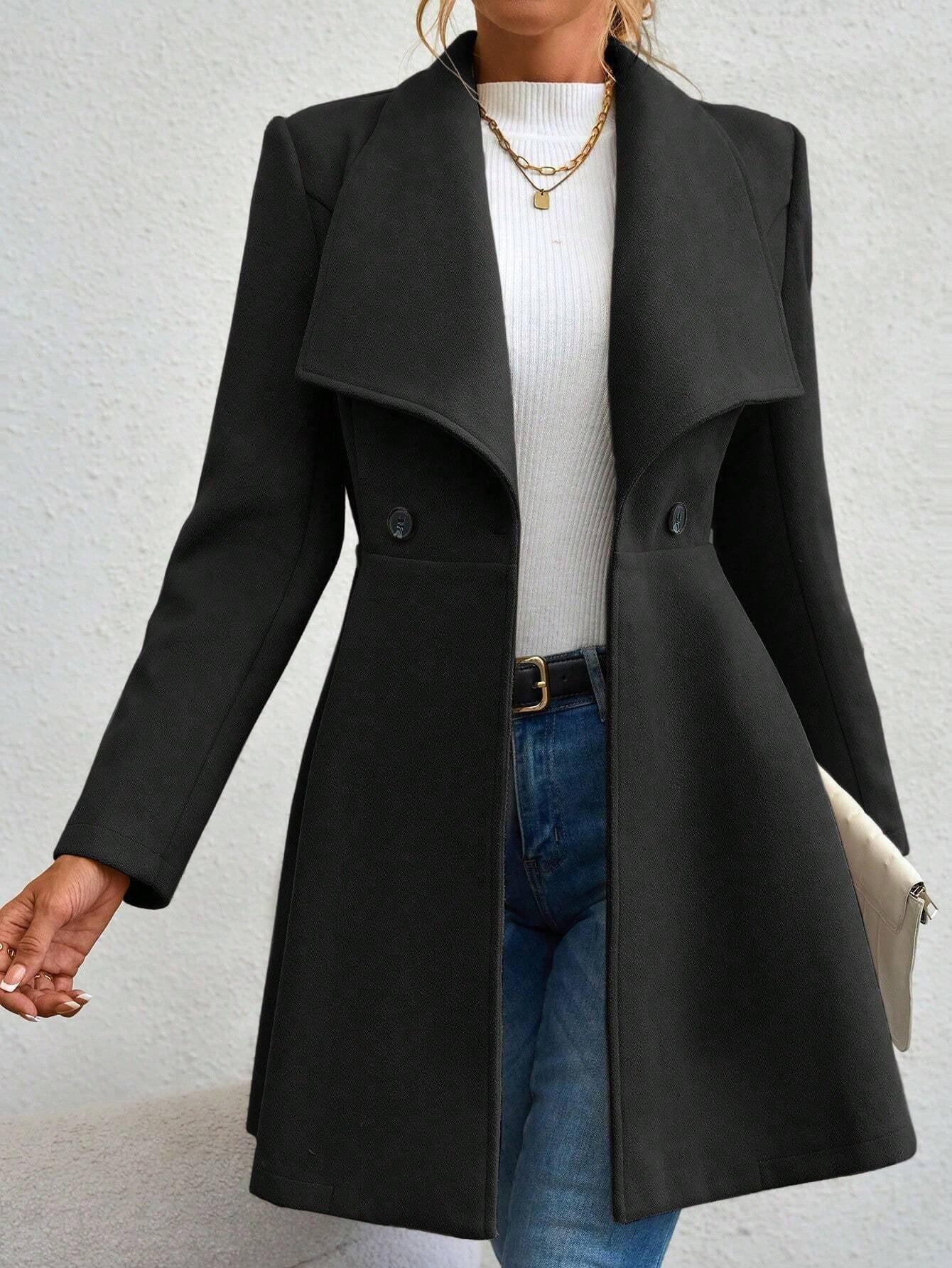 Manteau Long à Col Cascading et Double Boutonnage Raffiné