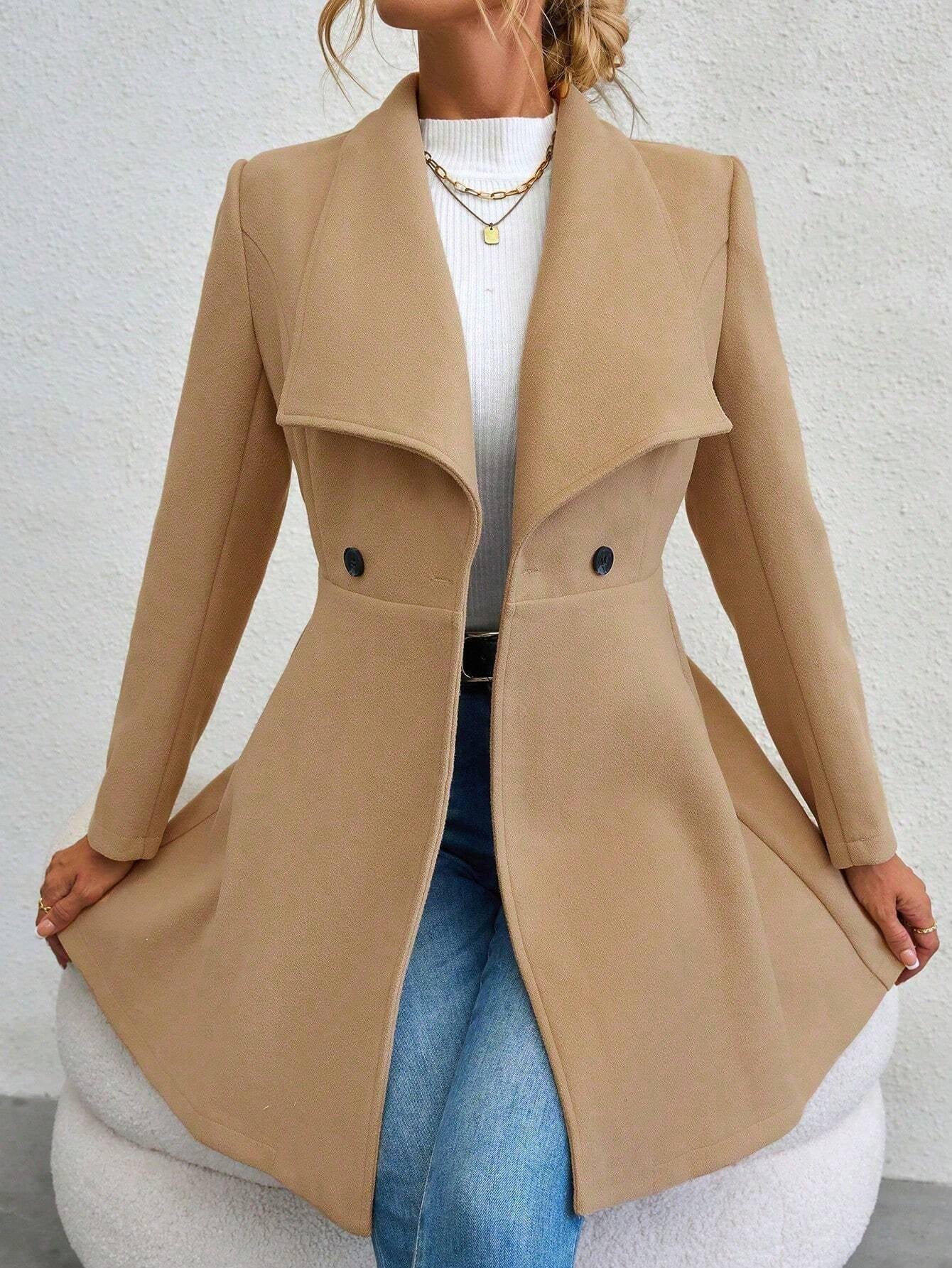 Manteau Long à Col Cascading et Double Boutonnage Raffiné