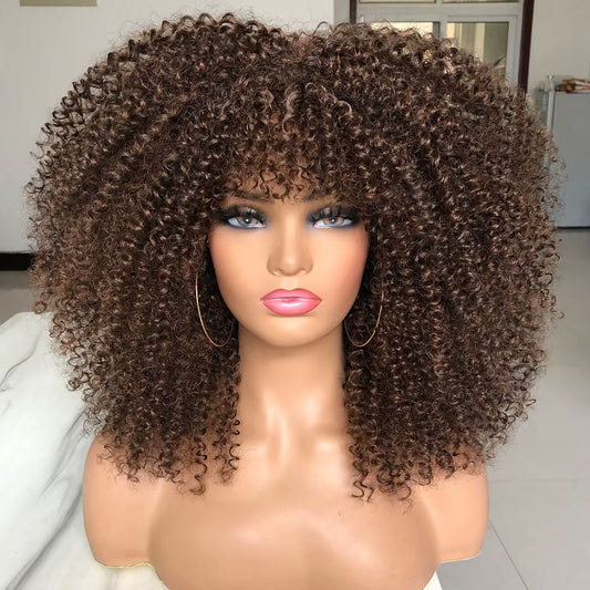 Curly Afro Wigs for Black Women Long Curly Wigs with Bangs Synthetic Fiber Glueless Full and Fluffy Long Kinky Curly Hair