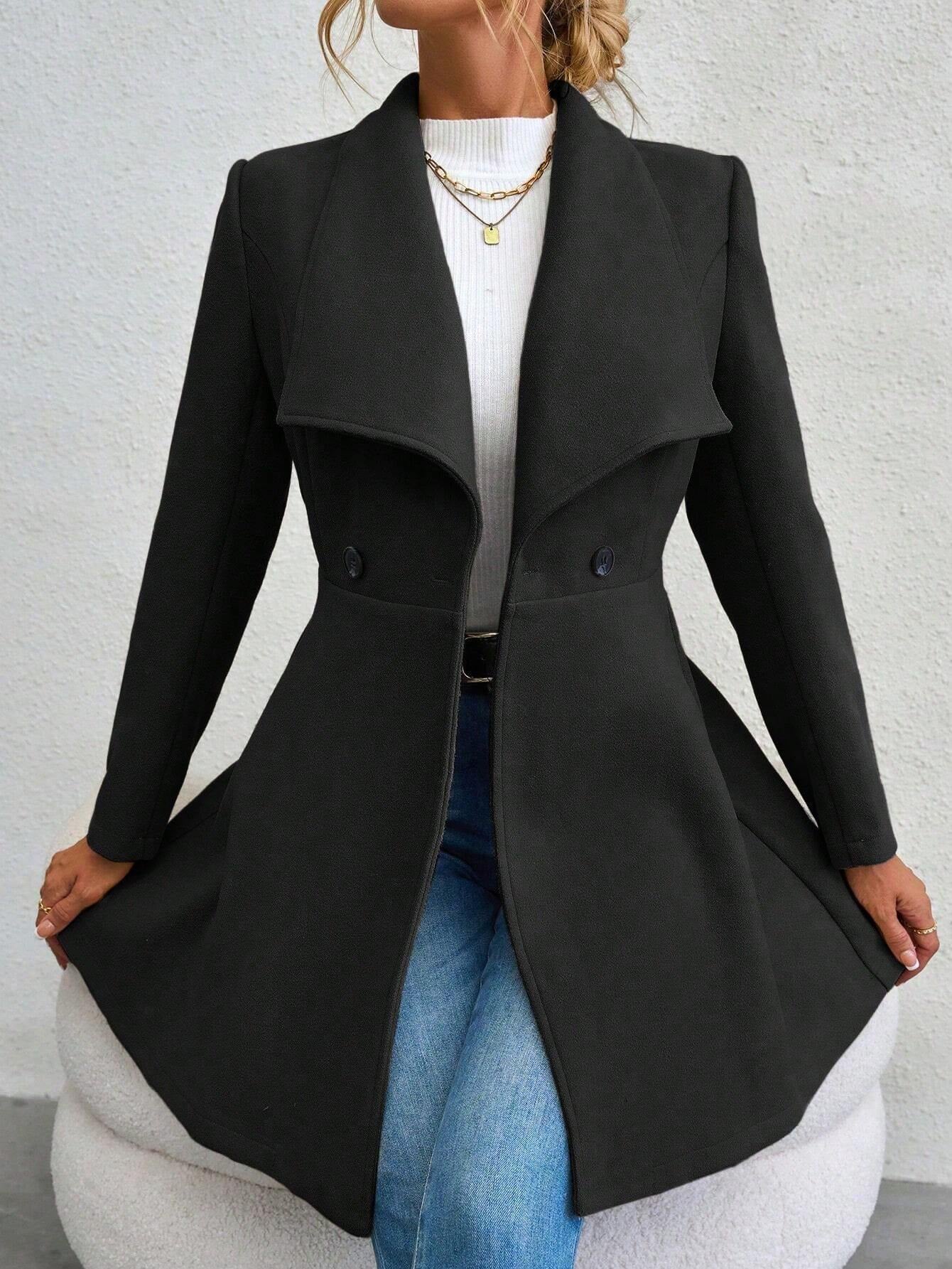 Manteau Long à Col Cascading et Double Boutonnage Raffiné