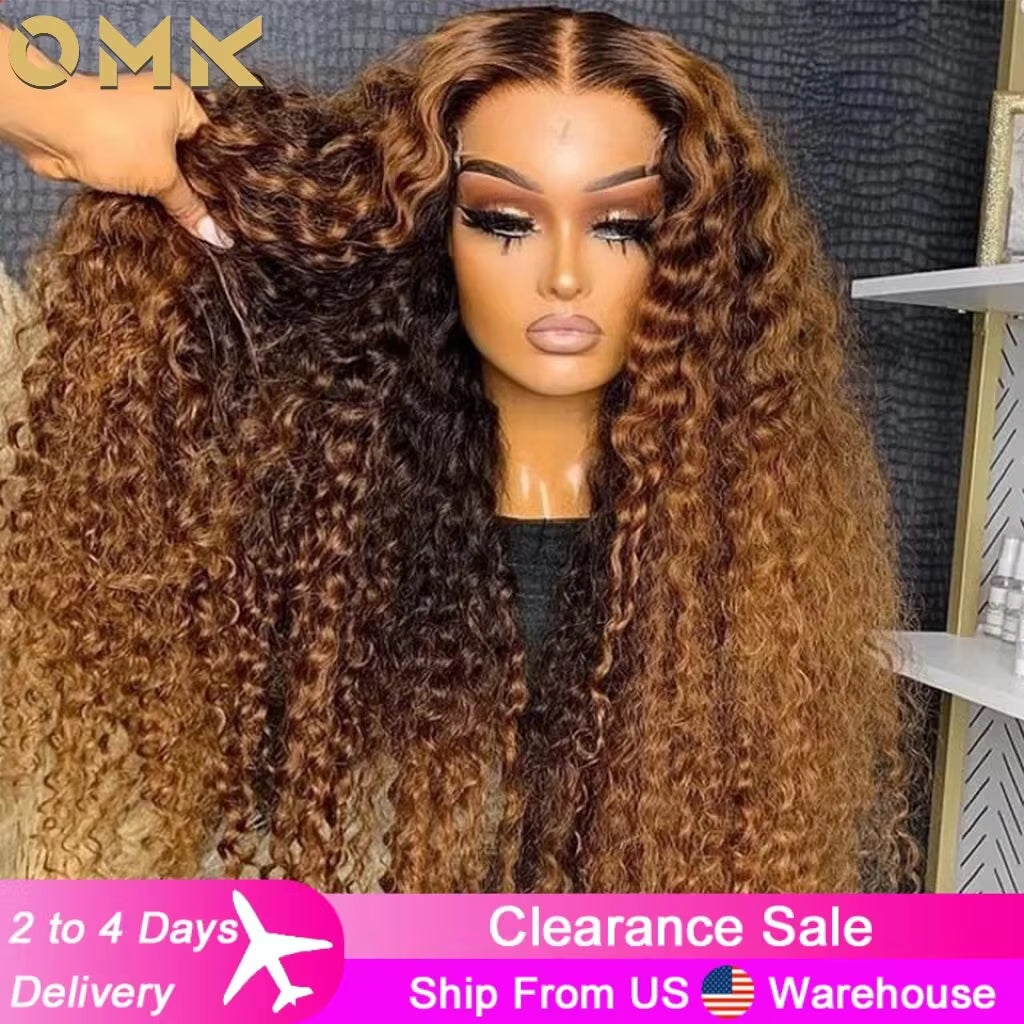 Highlight Honey Blonde Kinky Curly Wave Lace Front Wig Pre-Plucked 180% 13X6 Deep Wave Lace Frontal Wigs Wigs Human Hair Wigs