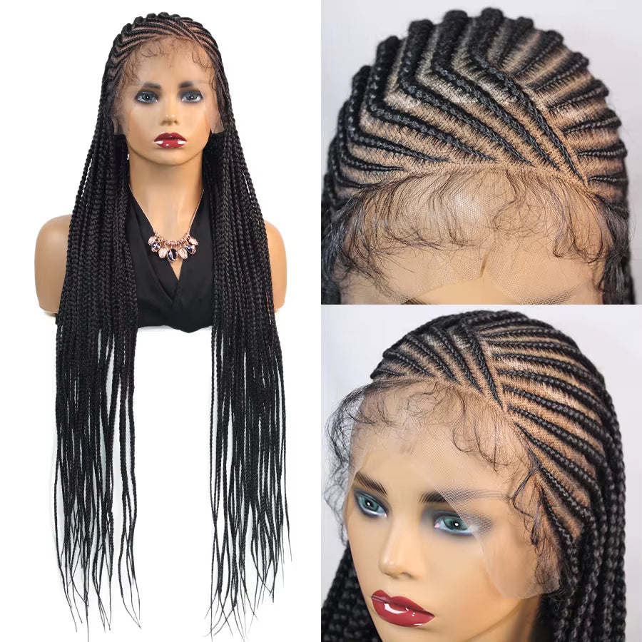 Synthetic Full Lace Wig Cornrow Braided Wigs Fulani Lace Frontal Wigs Goddess 36'' Box Braided Wigs for Africa Black Woman