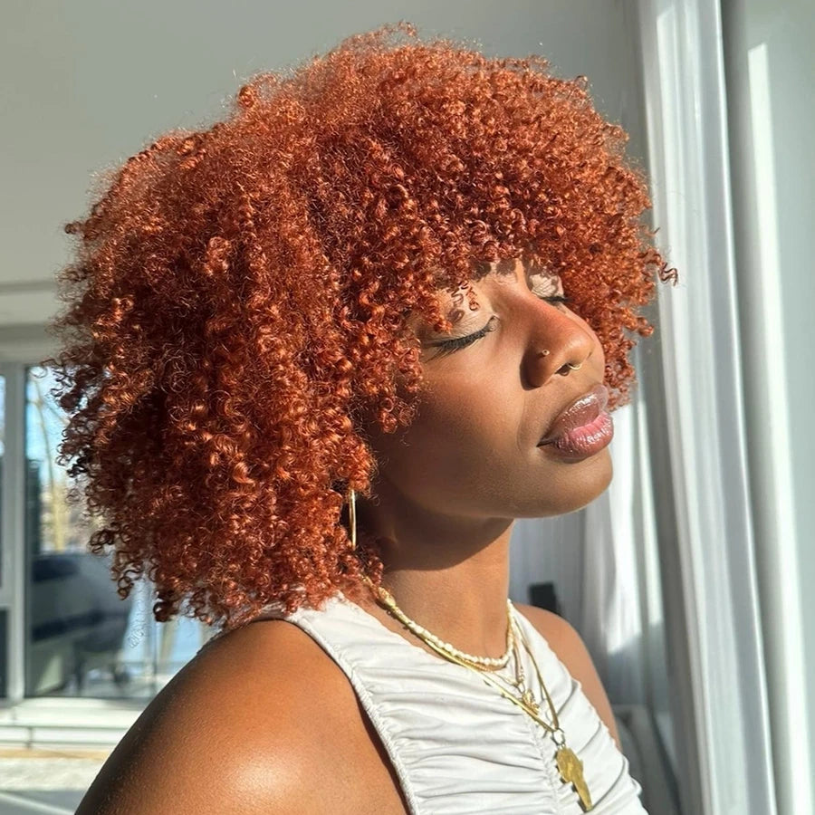 Ginger Kinky Curly Short Pixie Bob Cut Remy Human Hair Wigs with Bangs Honey Blonde Orange Non Lace Front Wigs for Black Women