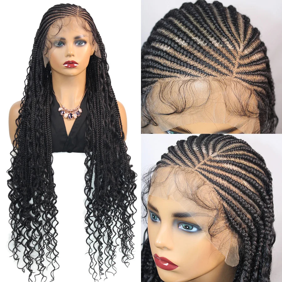 Synthetic Full Lace Wig Cornrow Braided Wigs Fulani Lace Frontal Wigs Goddess 36'' Box Braided Wigs for Africa Black Woman