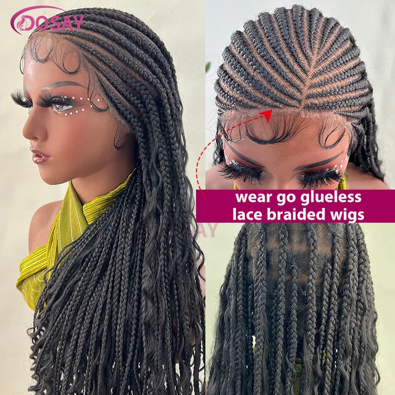 36" Wear Go Glueless Boho Braided Wigs Synthetic Full Lace Hair Curly End Wig Afric Cornrow Braiding Lace Wigs for Black Woman