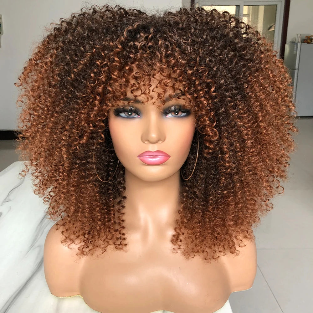 Curly Afro Wigs for Black Women Long Curly Wigs with Bangs Synthetic Fiber Glueless Full and Fluffy Long Kinky Curly Hair