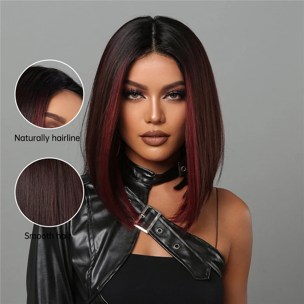 HAIRCUBE Bob Wigs for Women Short Black Bob Wig with Red Highlight Middle Part Synthetic Hair Wigs Heat Resistant Cosplay Hair