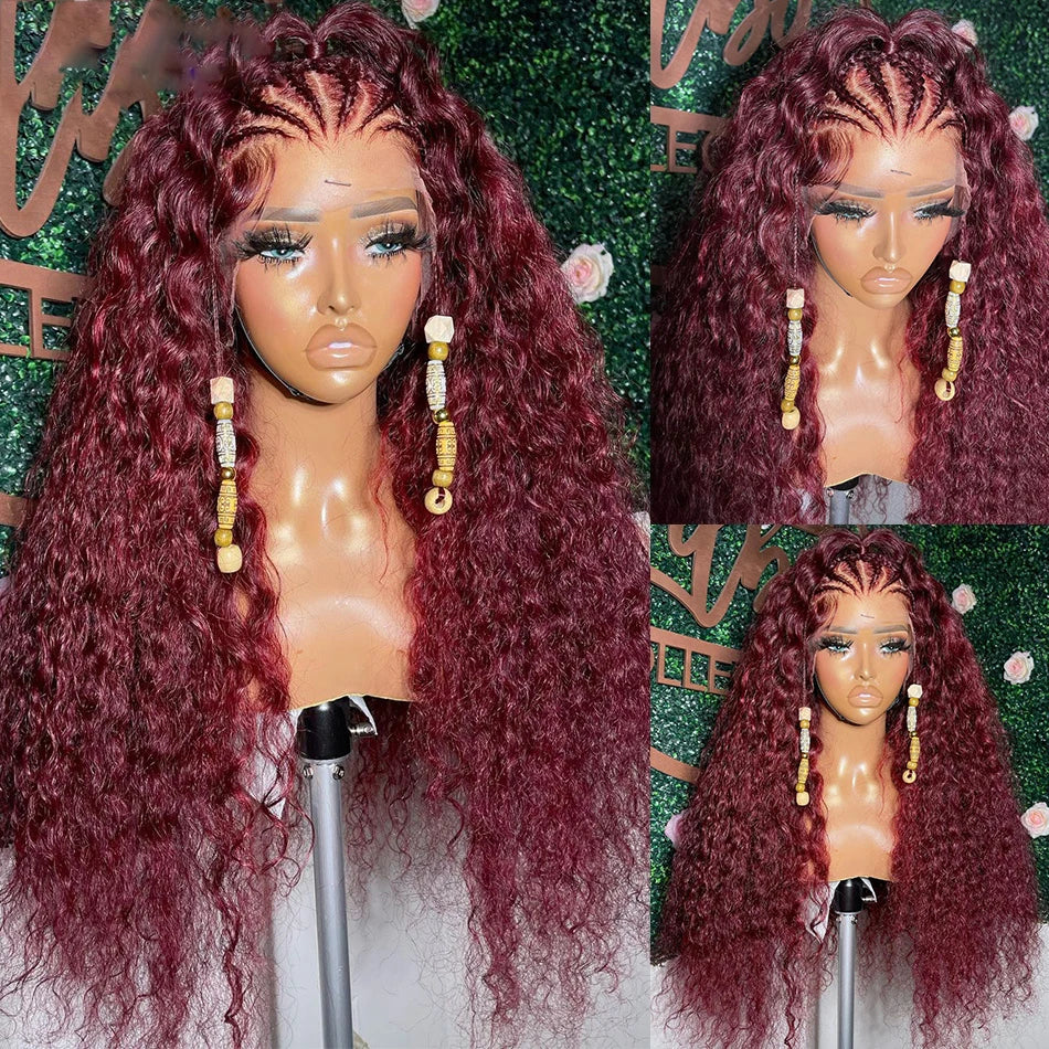 Preplucked 26 " Long Wine Red 180Density Glueless Burgundy Kinky Curly Lace Front Wig for Black Women Babyhair Daily Cosplay 99J