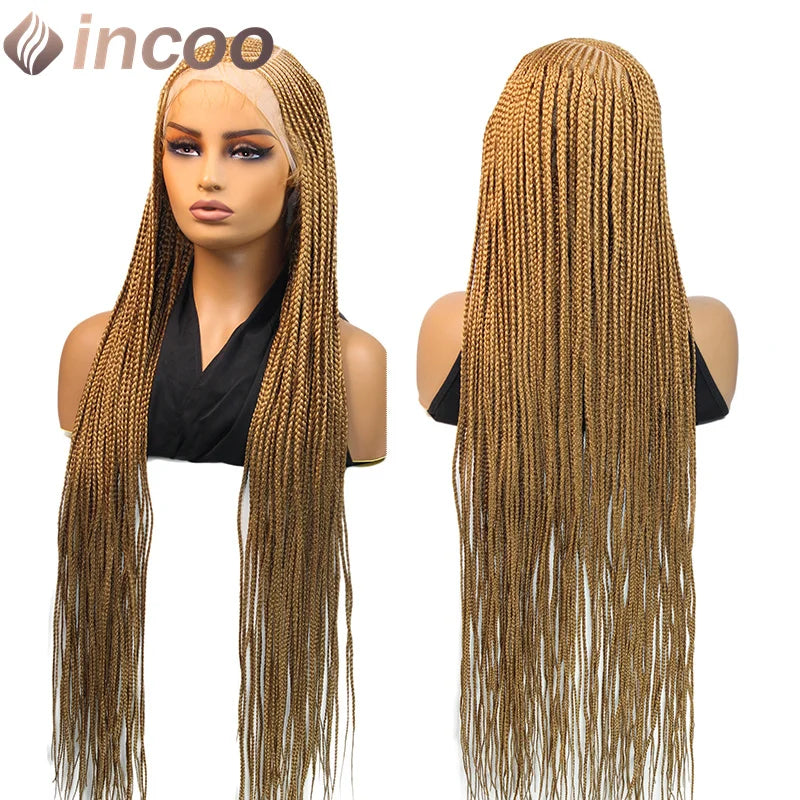 36" Cornrow Braided Wigs Synthetic Full Lace Front Wigs 27# Blonde for Black Women Long Side Part Faux Locs Box Braids Lace Wig