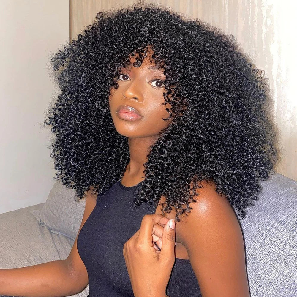 Curly Afro Wigs for Black Women Long Curly Wigs with Bangs Synthetic Fiber Glueless Full and Fluffy Long Kinky Curly Hair