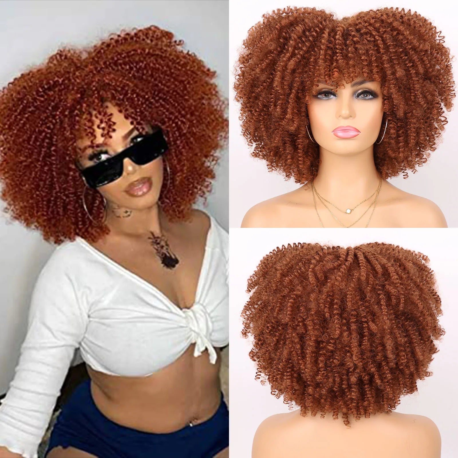 Tereshar Synthetic Short Kinky Curly with Bangs for Daily Party Halloween Blonde Afro Curly Wig Synthetic Wigs for Black Women