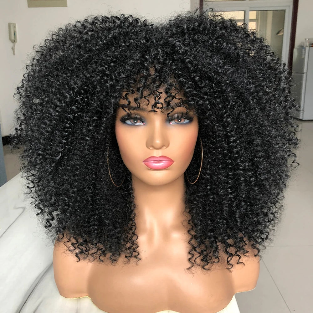 Curly Afro Wigs for Black Women Long Curly Wigs with Bangs Synthetic Fiber Glueless Full and Fluffy Long Kinky Curly Hair