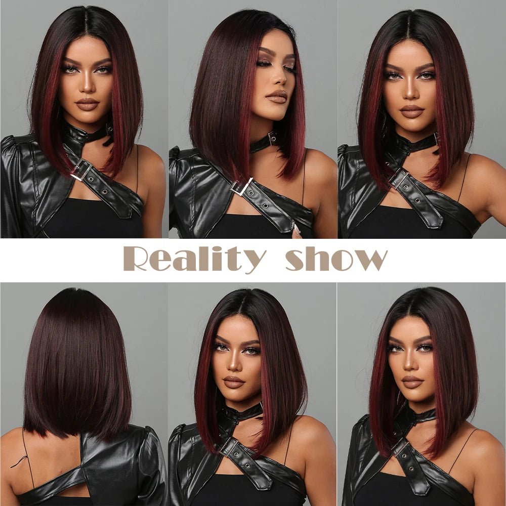 HAIRCUBE Bob Wigs for Women Short Black Bob Wig with Red Highlight Middle Part Synthetic Hair Wigs Heat Resistant Cosplay Hair