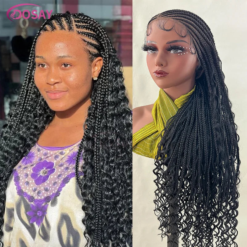 36" Wear Go Glueless Boho Braided Wigs Synthetic Full Lace Hair Curly End Wig Afric Cornrow Braiding Lace Wigs for Black Woman