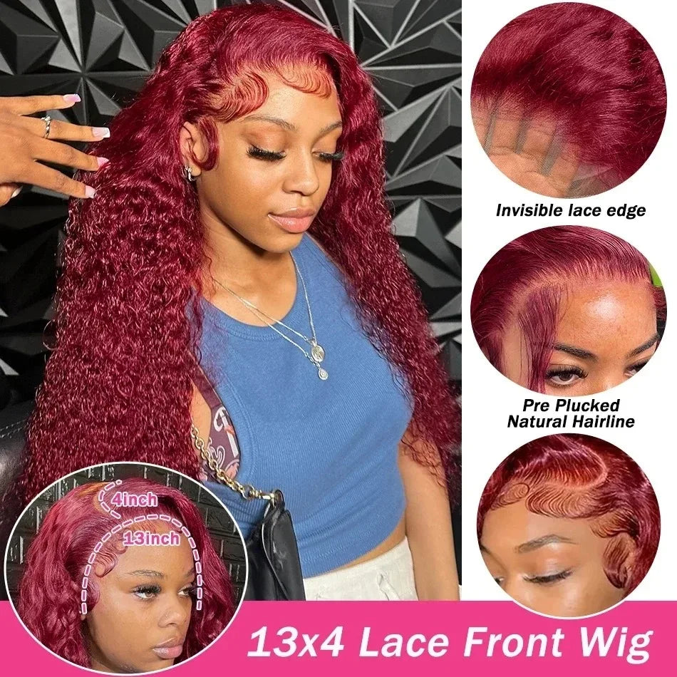 99J Burgundy Curly 13X6 HD Lace Frontal Human Hair Brazilian Remy Red Color Deep Wave Transparent 13X4 Lace Wig for Black Women