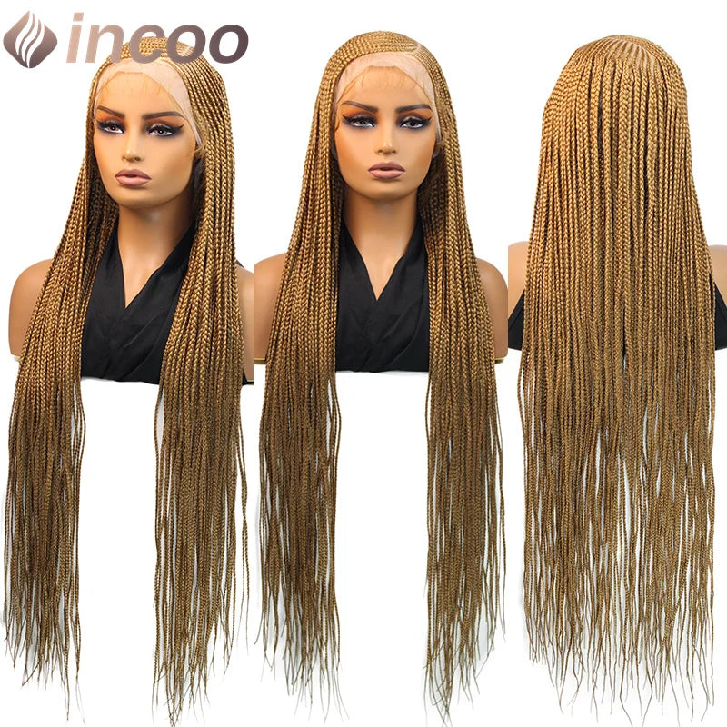 36" Cornrow Braided Wigs Synthetic Full Lace Front Wigs 27# Blonde for Black Women Long Side Part Faux Locs Box Braids Lace Wig