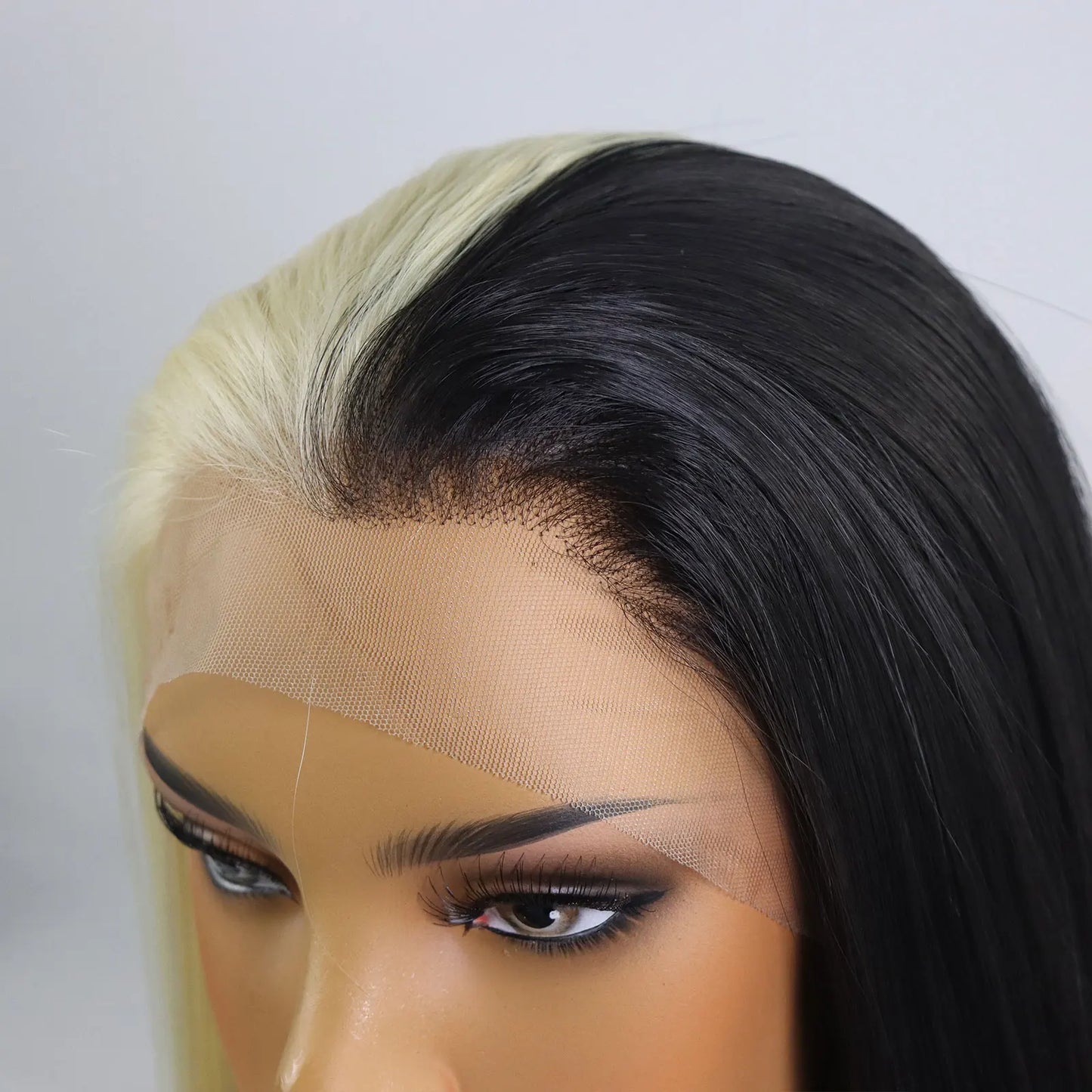 28 Inch Half Black Half Blonde Lace Front Wigs for Women Silk Straight Colored Cosplay 613 Synthetic Transparent Lace Wig