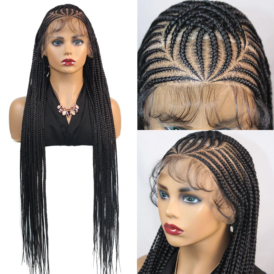 Synthetic Full Lace Wig Cornrow Braided Wigs Fulani Lace Frontal Wigs Goddess 36'' Box Braided Wigs for Africa Black Woman