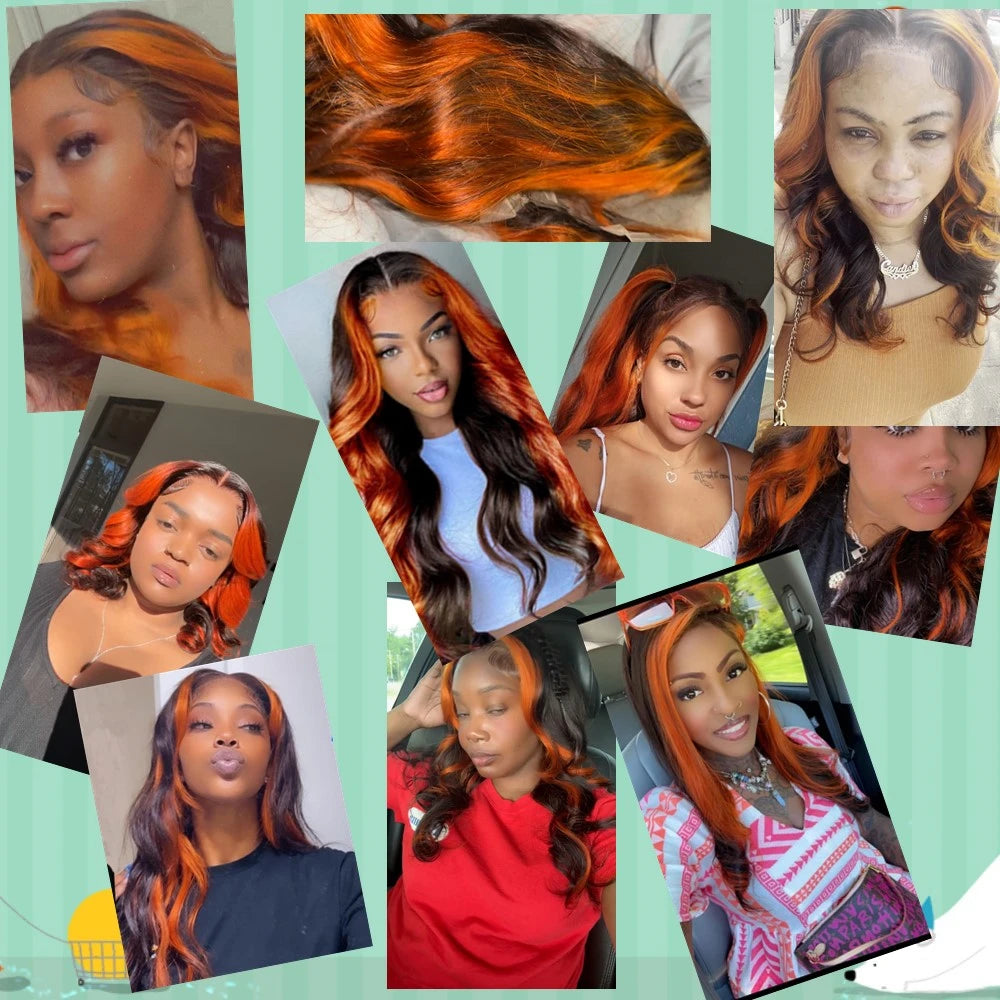 Long Lace Synthetic Wigs Wavy Black Highlight Orange Wig Baby Hair for Black Women Natural High Density 28Inch