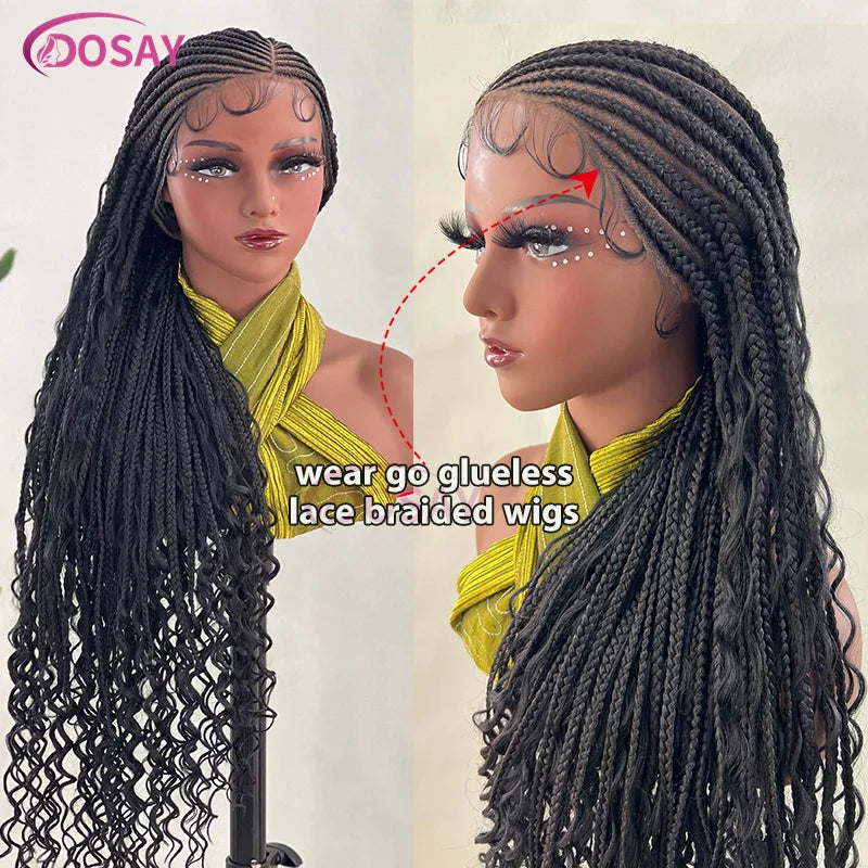 36" Wear Go Glueless Boho Braided Wigs Synthetic Full Lace Hair Curly End Wig Afric Cornrow Braiding Lace Wigs for Black Woman