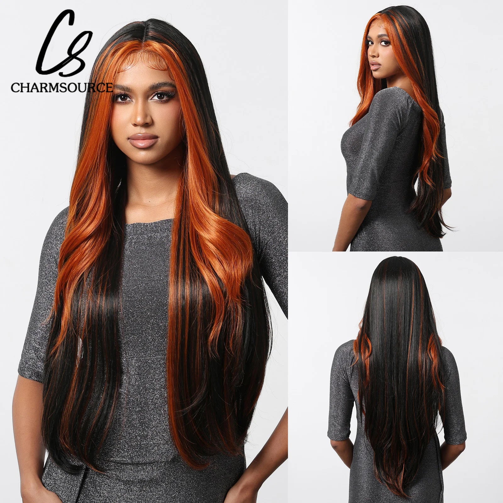 Long Lace Synthetic Wigs Wavy Black Highlight Orange Wig Baby Hair for Black Women Natural High Density 28Inch