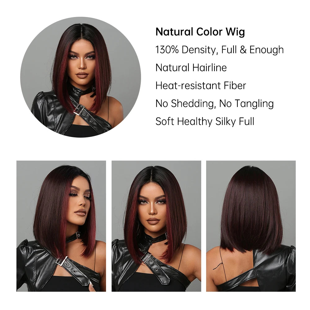 HAIRCUBE Bob Wigs for Women Short Black Bob Wig with Red Highlight Middle Part Synthetic Hair Wigs Heat Resistant Cosplay Hair