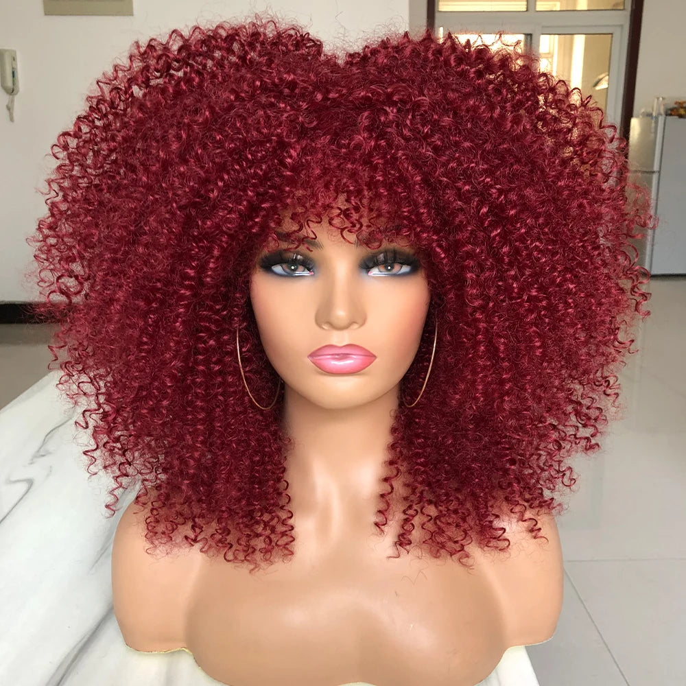 Curly Afro Wigs for Black Women Long Curly Wigs with Bangs Synthetic Fiber Glueless Full and Fluffy Long Kinky Curly Hair