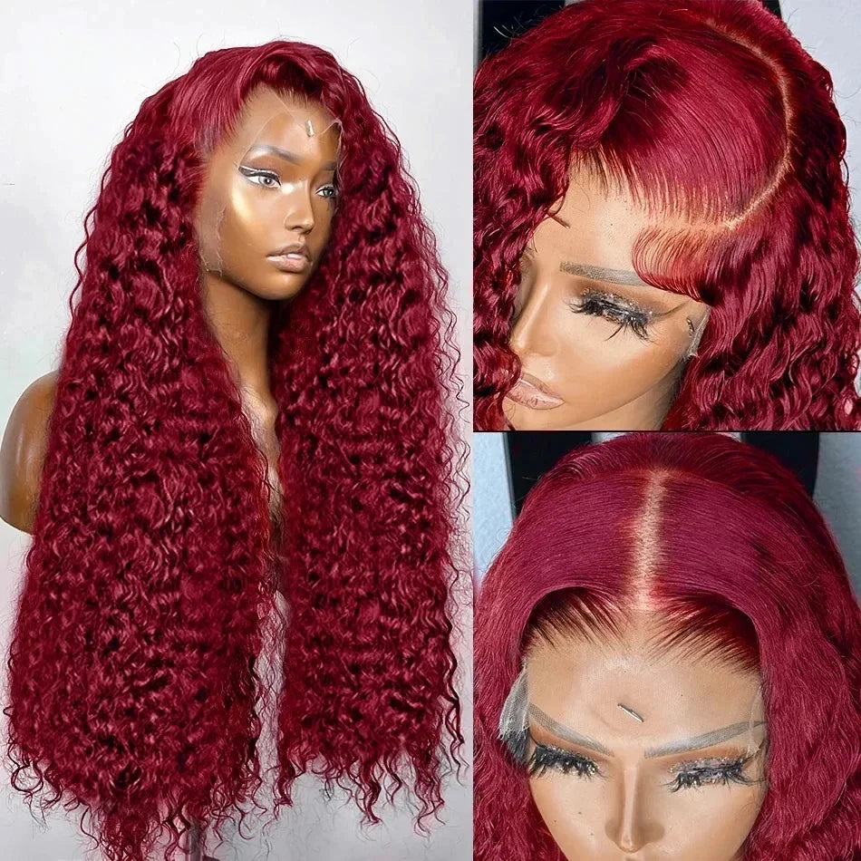 99J Burgundy Curly 13X6 HD Lace Frontal Human Hair Brazilian Remy Red Color Deep Wave Transparent 13X4 Lace Wig for Black Women