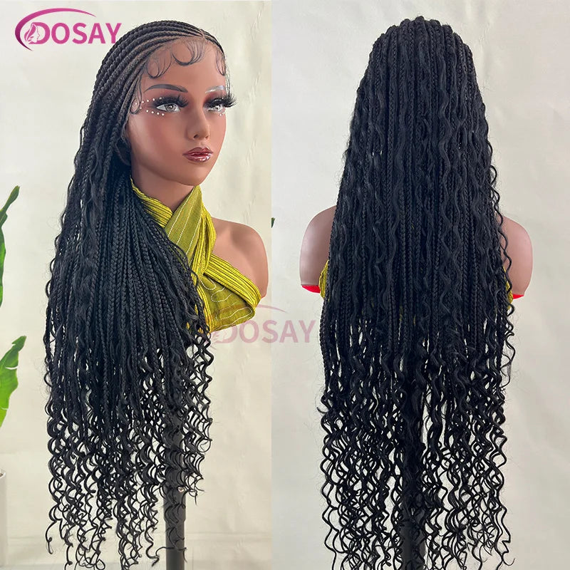 36" Wear Go Glueless Boho Braided Wigs Synthetic Full Lace Hair Curly End Wig Afric Cornrow Braiding Lace Wigs for Black Woman