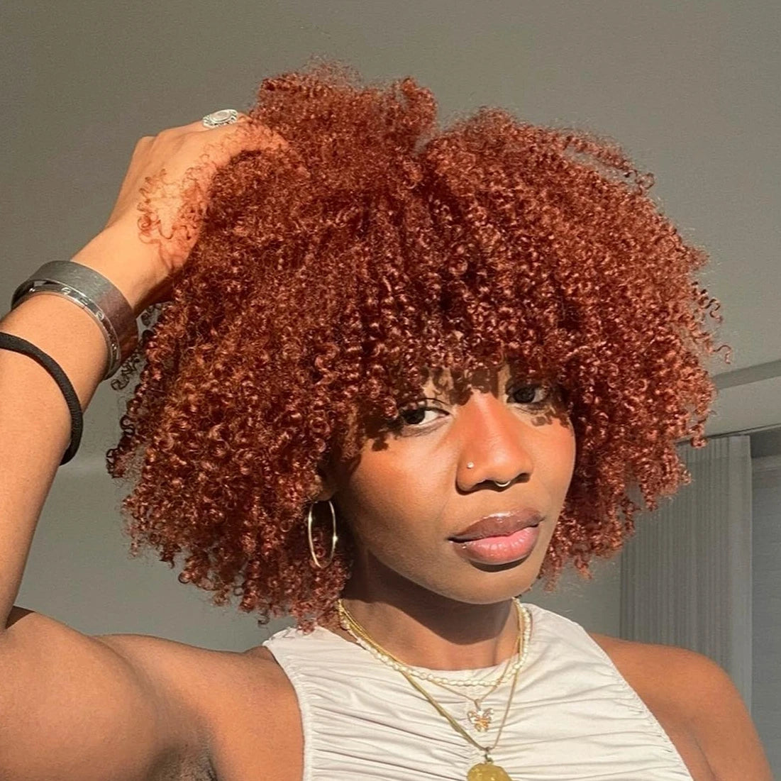 Ginger Kinky Curly Short Pixie Bob Cut Remy Human Hair Wigs with Bangs Honey Blonde Orange Non Lace Front Wigs for Black Women