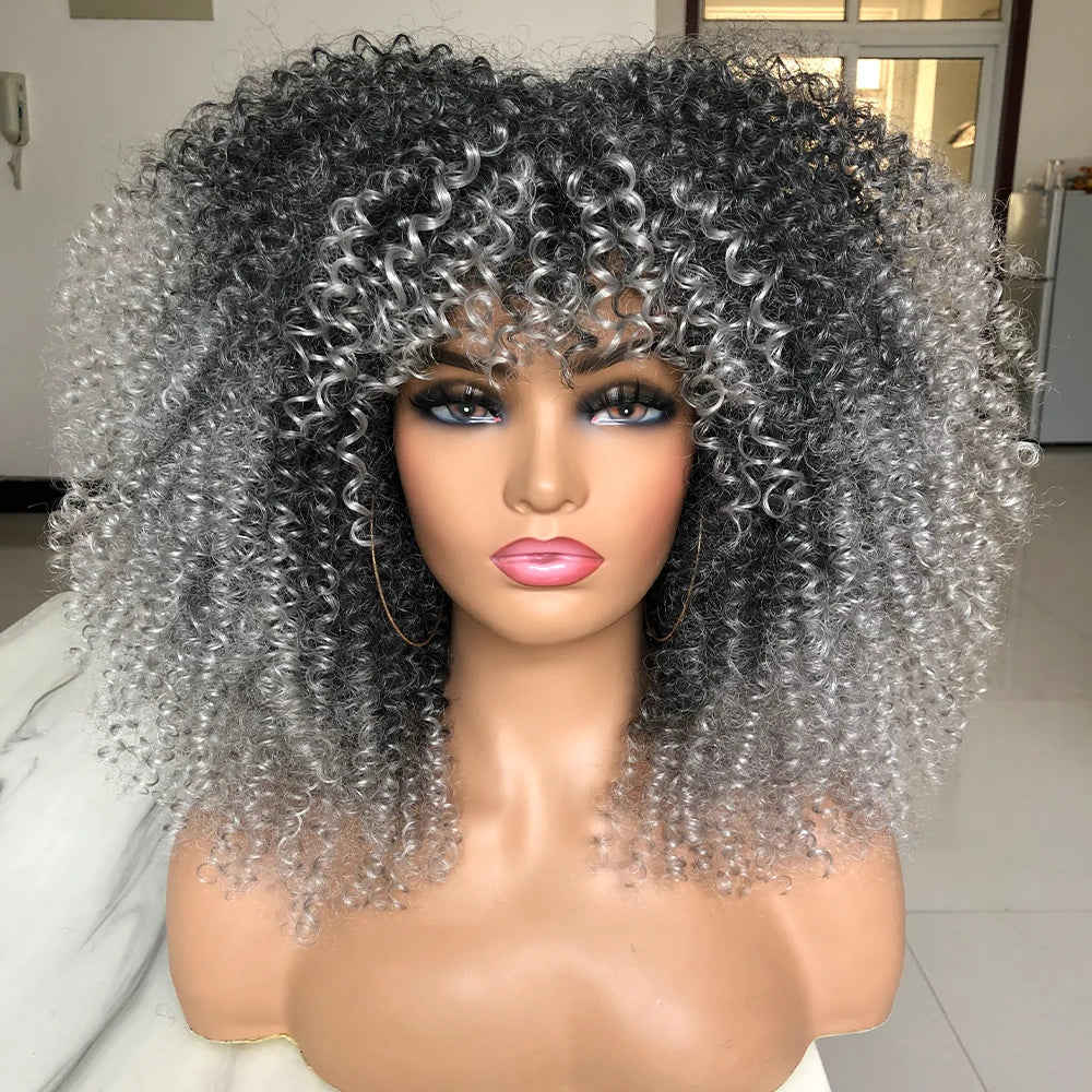 Curly Afro Wigs for Black Women Long Curly Wigs with Bangs Synthetic Fiber Glueless Full and Fluffy Long Kinky Curly Hair