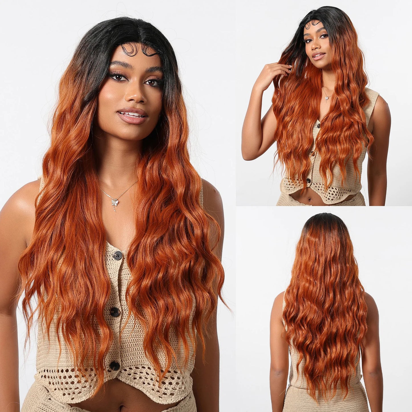 Long Lace Synthetic Wigs Wavy Black Highlight Orange Wig Baby Hair for Black Women Natural High Density 28Inch