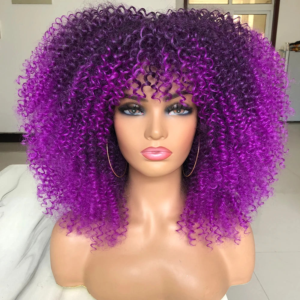 Curly Afro Wigs for Black Women Long Curly Wigs with Bangs Synthetic Fiber Glueless Full and Fluffy Long Kinky Curly Hair