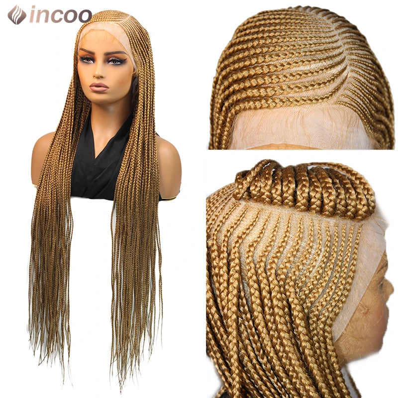 36" Cornrow Braided Wigs Synthetic Full Lace Front Wigs 27# Blonde for Black Women Long Side Part Faux Locs Box Braids Lace Wig