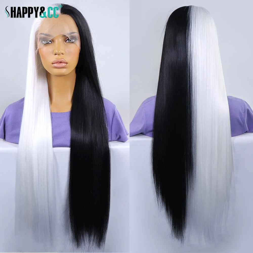 28 Inch Half Black Half Blonde Lace Front Wigs for Women Silk Straight Colored Cosplay 613 Synthetic Transparent Lace Wig