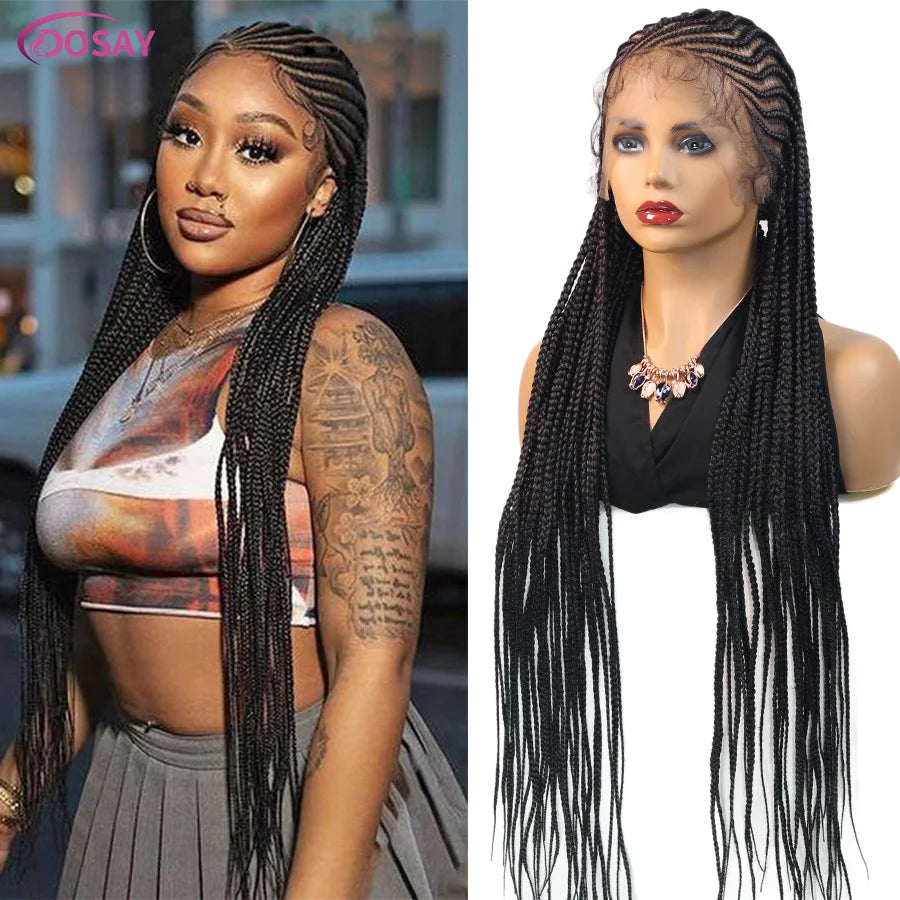 Synthetic Full Lace Wig Cornrow Braided Wigs Fulani Lace Frontal Wigs Goddess 36'' Box Braided Wigs for Africa Black Woman