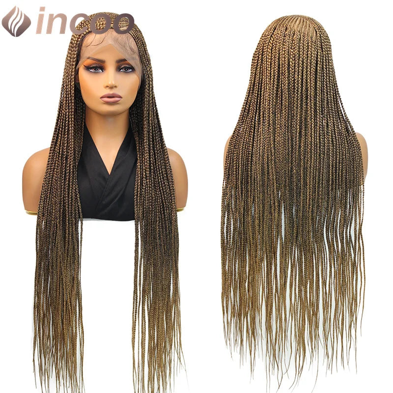 36" Cornrow Braided Wigs Synthetic Full Lace Front Wigs 27# Blonde for Black Women Long Side Part Faux Locs Box Braids Lace Wig