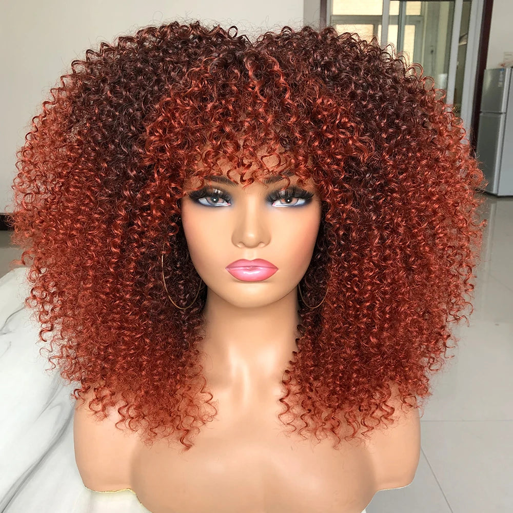 Curly Afro Wigs for Black Women Long Curly Wigs with Bangs Synthetic Fiber Glueless Full and Fluffy Long Kinky Curly Hair