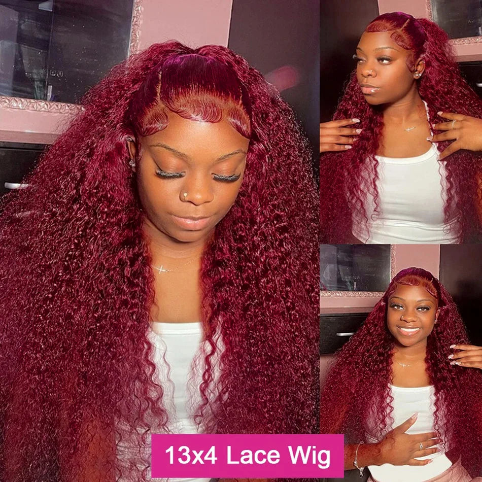 99J Burgundy Curly 13X6 HD Lace Frontal Human Hair Brazilian Remy Red Color Deep Wave Transparent 13X4 Lace Wig for Black Women