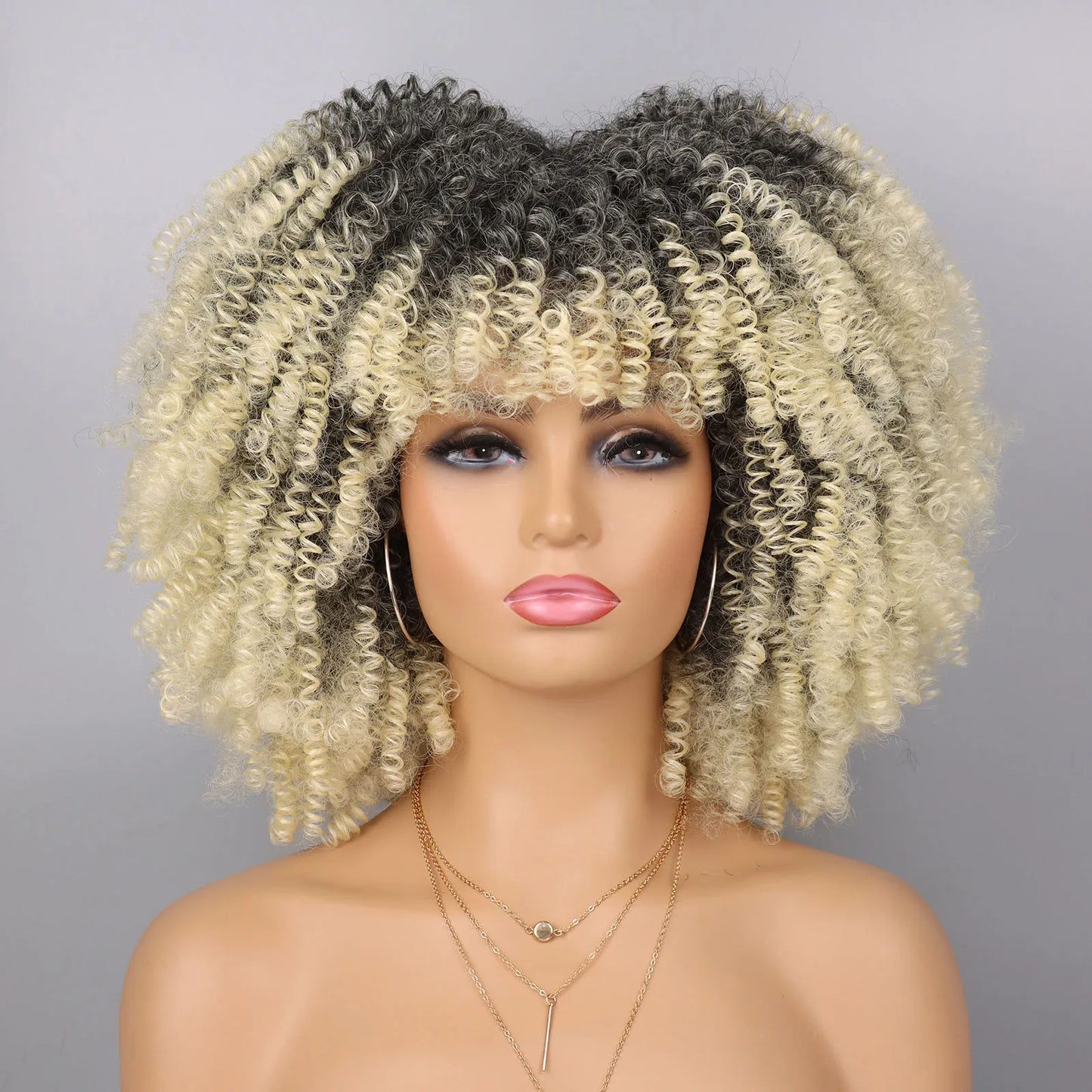 Tereshar Synthetic Short Kinky Curly with Bangs for Daily Party Halloween Blonde Afro Curly Wig Synthetic Wigs for Black Women