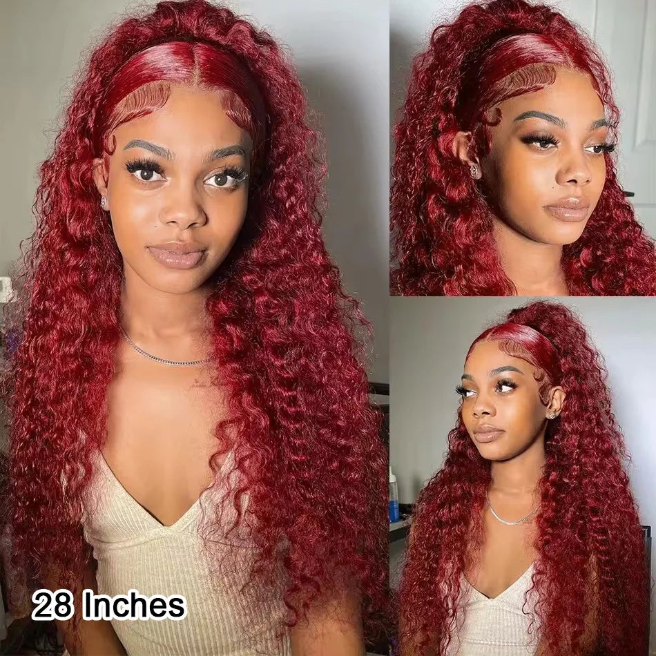 99J Burgundy Curly 13X6 HD Lace Frontal Human Hair Brazilian Remy Red Color Deep Wave Transparent 13X4 Lace Wig for Black Women