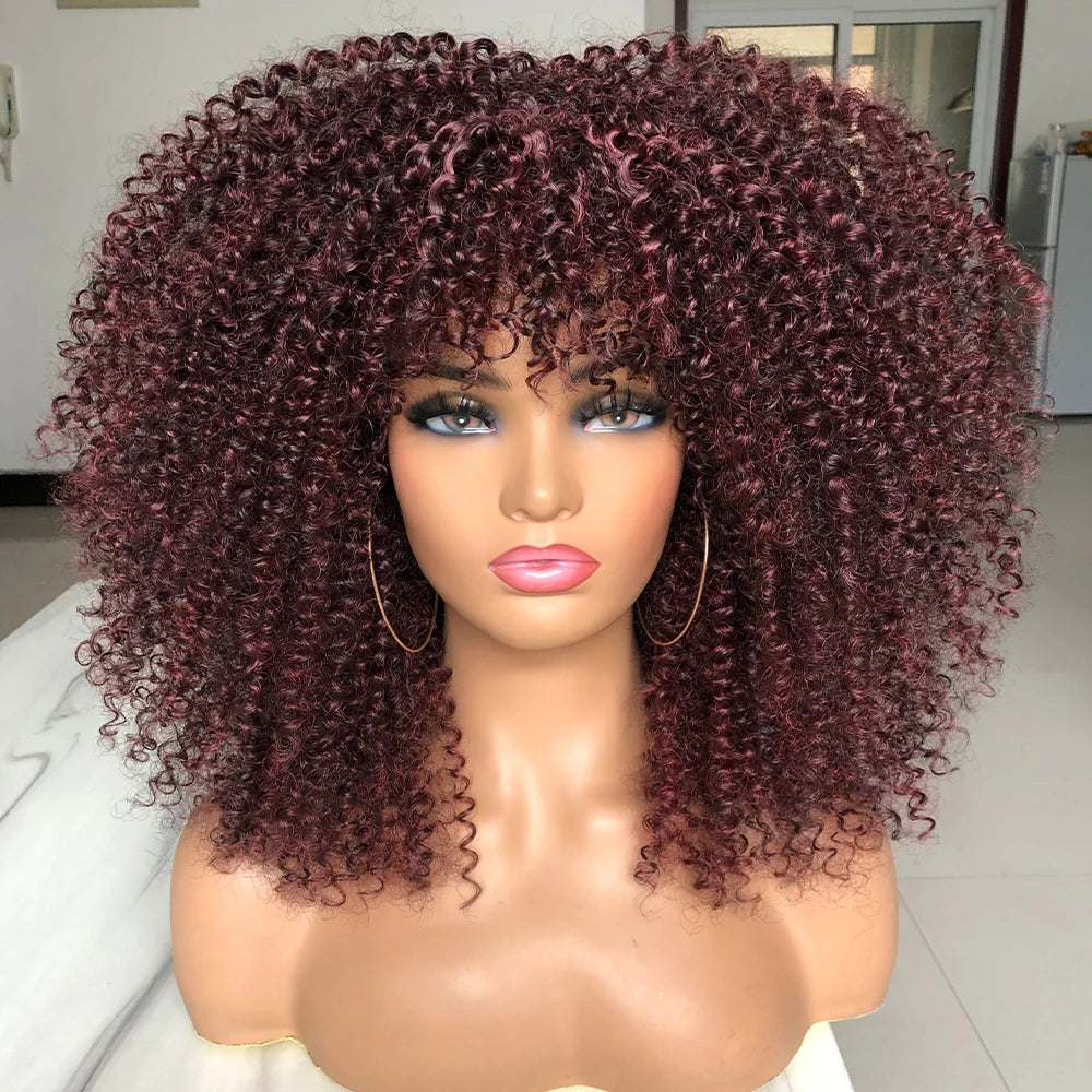 Curly Afro Wigs for Black Women Long Curly Wigs with Bangs Synthetic Fiber Glueless Full and Fluffy Long Kinky Curly Hair