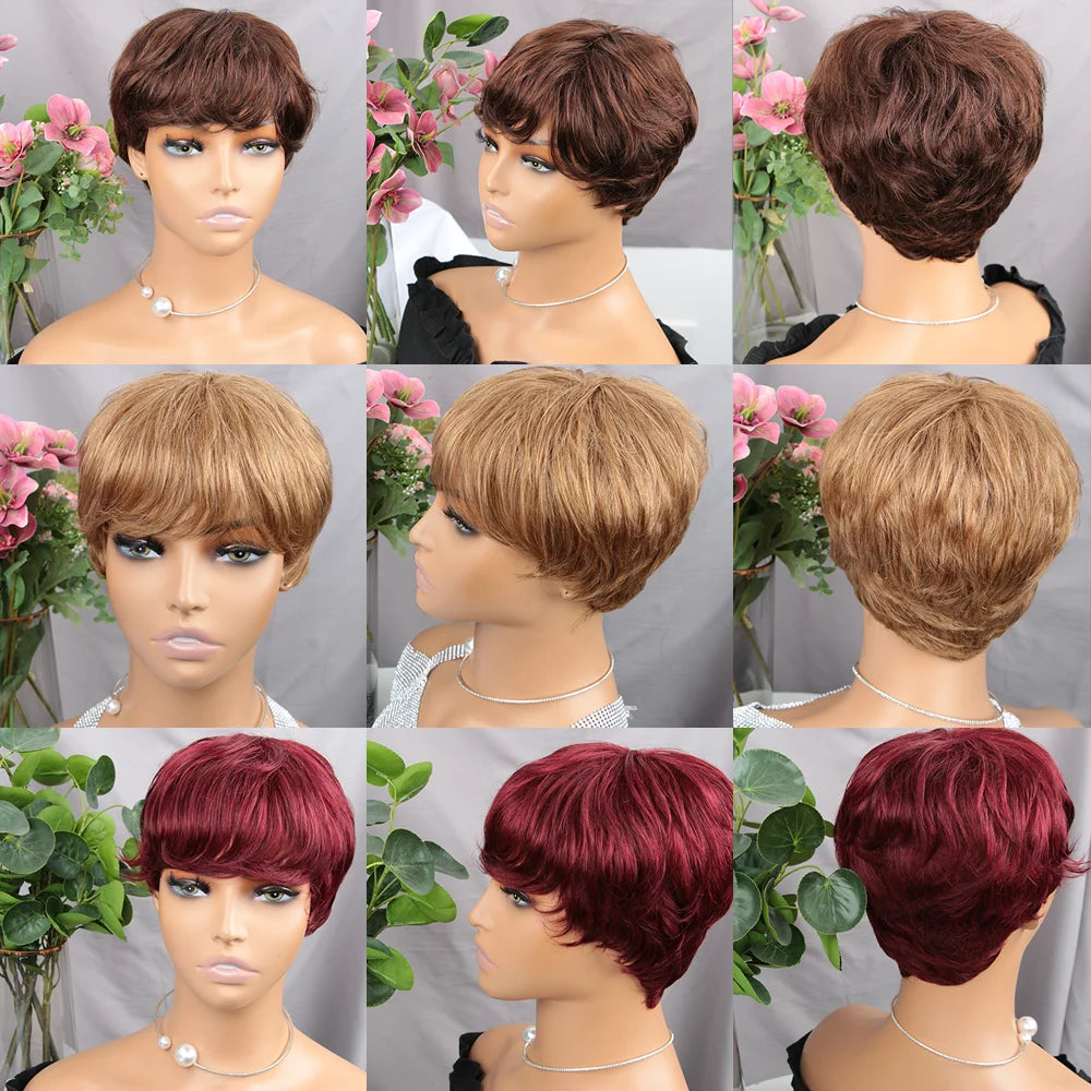 Perruque en Cheveux Naturels Brun Court Pixie avec Frange - Femme Noire