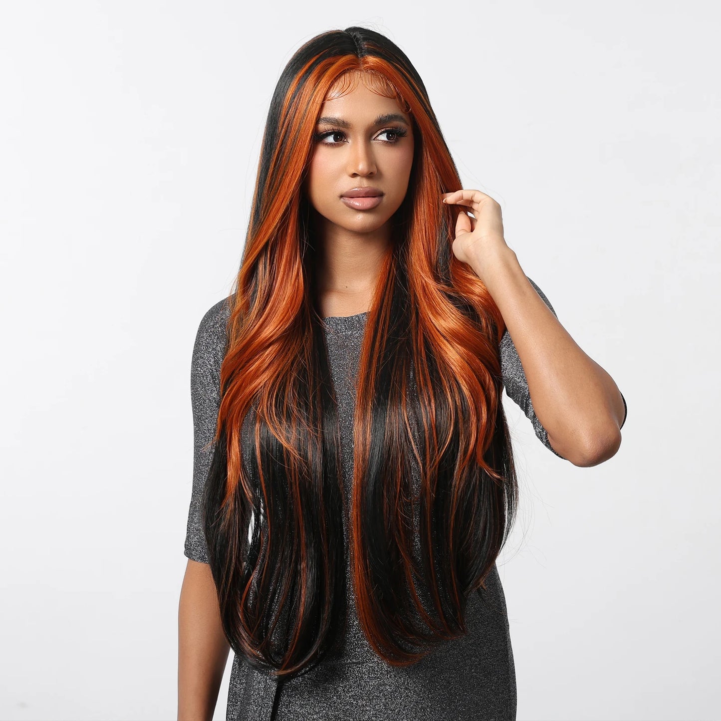 Long Lace Synthetic Wigs Wavy Black Highlight Orange Wig Baby Hair for Black Women Natural High Density 28Inch